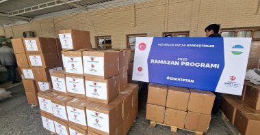 Boxes of food aid from the Türkiye Diyanet Foundation arrive in Tashkent, Uzbekistan, Feb. 25, 2025. (AA Photo)