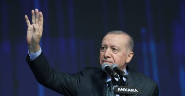 President Recep Tayyip Erdoğan gestures at the grand congress of the Justice and Development Party (AK Party), Ankara, Türkiye, Feb. 23, 2025. (İHA Photo)