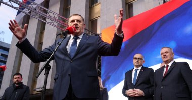 President of Republika Srpska (Serb Republic) Milorad Dodik gestures as he addresses supporters during a protest in Banja Luka, Bosnia-Herzegovina, Feb. 25, 2025. (Reuters Photo)