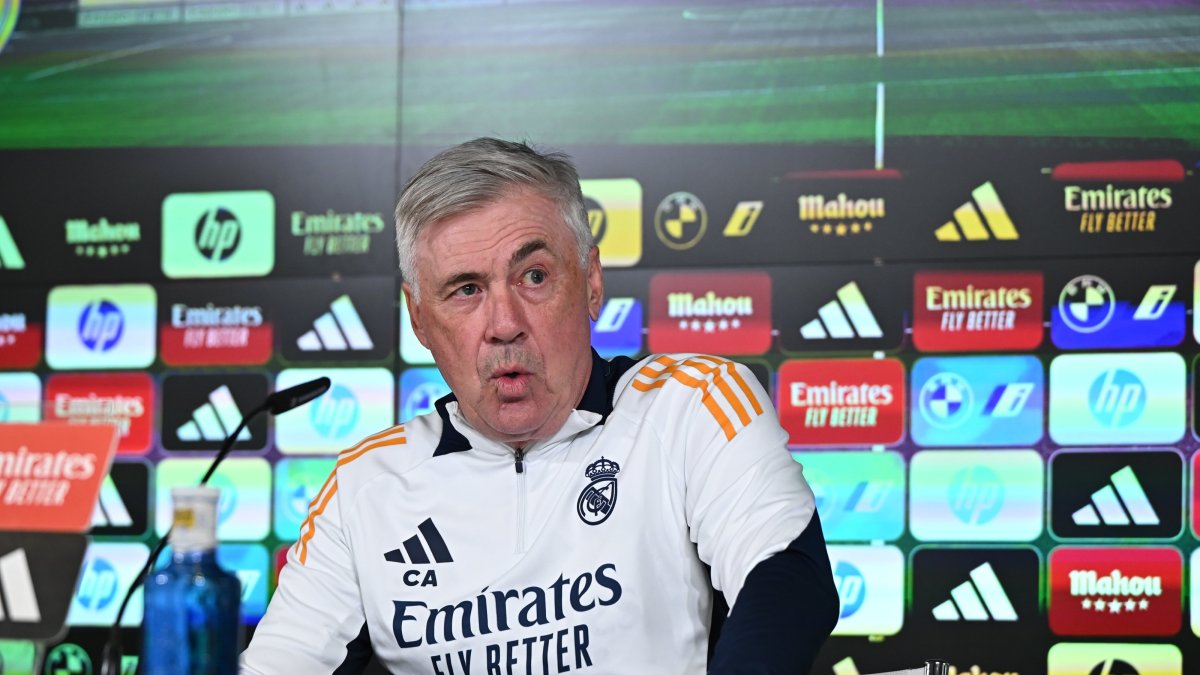 Real Madrid head coach Carlo Ancelotti attends a news conference after a training session of the team, Madrid, Spain, Feb. 25, 2025. (EPA Photo)