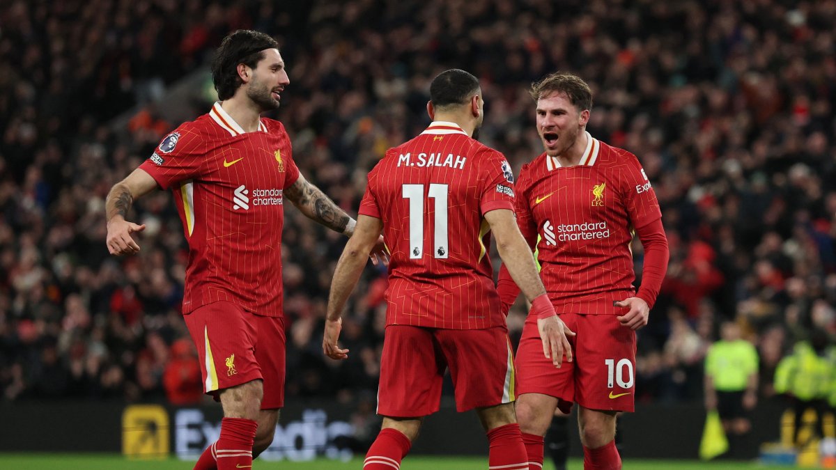 Liverpool&#039;s Alexis Mac Allister (R) celebrates scoring a goal with Mohamed Salah (C) and Dominik Szoboszlai during the Premier League match against Newcastle United at Anfield, Liverpool, U.K., Feb. 26, 2025. (Reuters Photo)