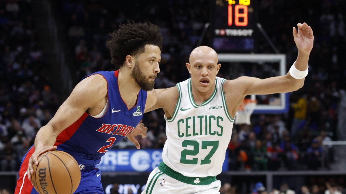 Detroit Pistons&#039; Cade Cunningham (L) dribbles defended by Boston Celtics&#039; Jordan Walsh in the second half at Little Caesars Arena, Detroit, U.S., Feb. 26, 2025. (Reuters Photo)