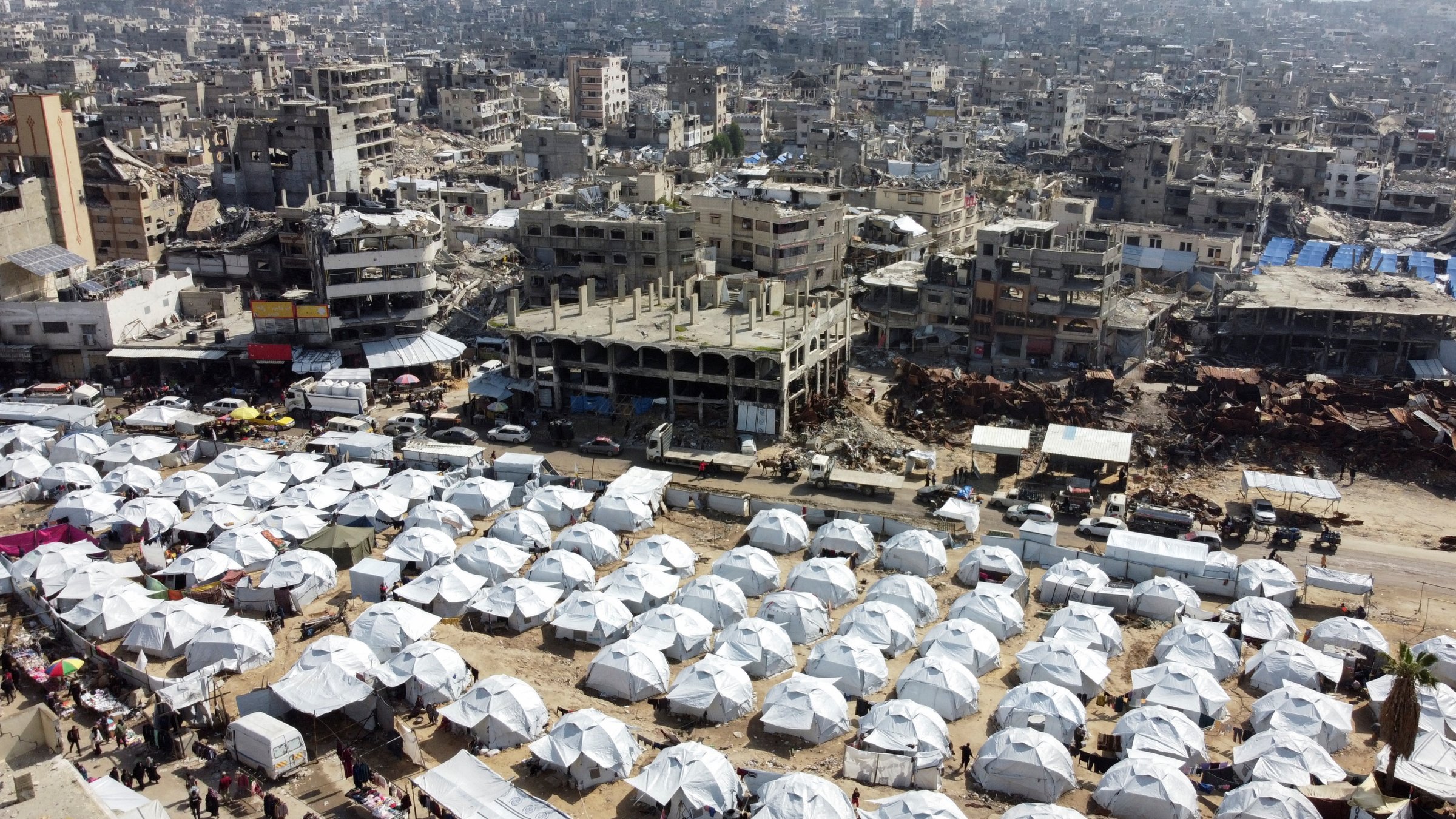 A drone view shows displaced Palestinians sheltering in a tent camp, amid a ceasefire between Israel and Hamas, in Gaza City Feb. 17, 2025. (Reuters File Photo)