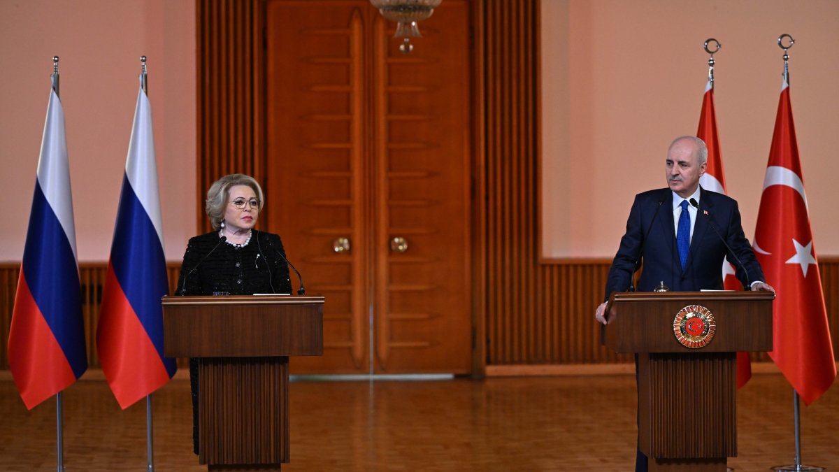 Numan Kurtulmuş and Valentina Matviyenko, chairwoman of the Federation Council of Russia hold a joint news conference in Ankara, Feb. 27, 2025. (AA Photo)