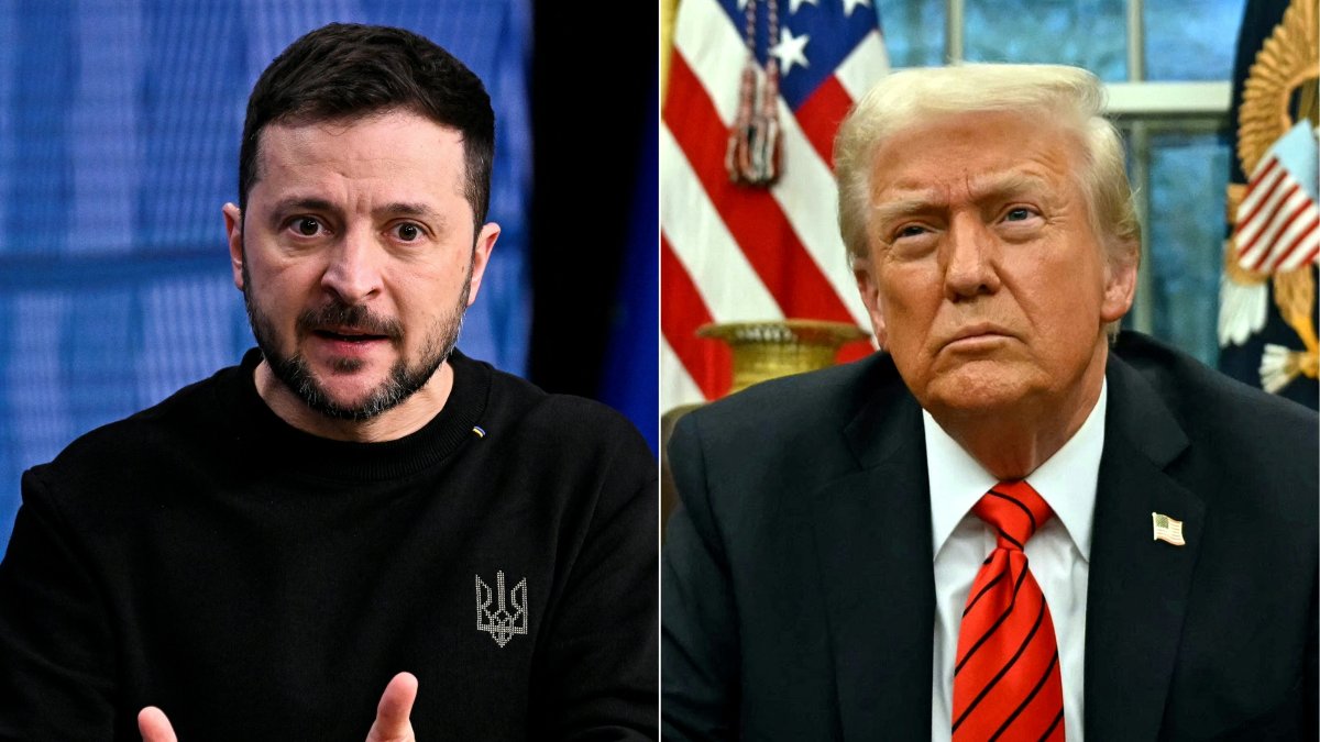 This combination of pictures created on Feb. 19, 2025 shows, L-R, Ukraine&#039;s President Volodymyr Zelenskyy in Brussels and U.S. President Donald Trump in Washington, D.C. (AFP File Photo)