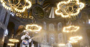 Fatih Municipality teams clean and disinfect Hagia Sophia Grand Mosque ahead of Ramadan, Istanbul, Türkiye, Feb. 27, 2025. (AA Photo)