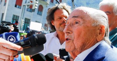 Former FIFA President Sepp Blatter speaks to the media after a trial at the Swiss Federal Criminal Court, Bellinzona, Switzerland, July 8, 2022. (Reuters Photo)