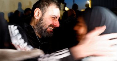 A freed Palestinian prisoner is greeted after being released from an Israeli jail, Khan Younis, southern Gaza Strip, Palestine, Feb. 27, 2025. (Reuters Photo)