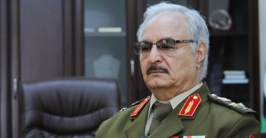 Libyan warlord Khalifa Hifter speaks at an interview with the Associated Press in al-Marj, Libya, March 18, 2015. (AP Photo)
