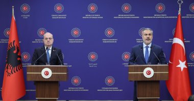 Foreign Minister Hakan Fidan (R) speaks at a joint news conference with Albanian Foreign Minister Igli Hasani, Ankara, Türkiye, Feb. 27, 2025. (DHA Photo)
