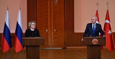 Numan Kurtulmuş and Valentina Matviyenko, chairwoman of the Federation Council of Russia hold a joint news conference in Ankara, Feb. 27, 2025. (AA Photo)
