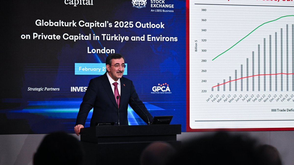 Vice President Cevdet Yılmaz speaks during the "2025 Outlook on Private Capital in Türkiye and Environs" conference at the London Stock Exchange in London, Britain, Feb. 27, 2025. (AA Photo)