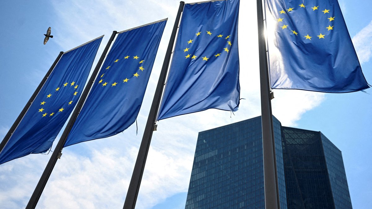 EU flags flutter in front of European Central Bank (ECB) headquarters, Frankfurt, Germany, July 18, 2024. (Reuters Photo)