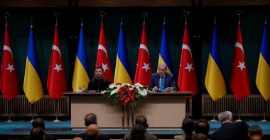 President Recep Tayyip Erdoğan (R) and Ukrainian President Volodymyr Zelenskyy (L) at the Presidential Complex, Ankara, Türkiye, Feb. 18, 2025. (AA Photo)