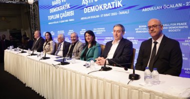 Members of the Peoples’ Equality and Democracy Party (DEM Party) delegation attend a news conference to read the statement of PKK leader Abdullah Öcalan, Istanbul, Türkiye, Feb. 27, 2025. (EPA Photo)
