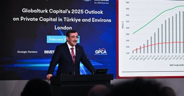 Vice President Cevdet Yılmaz speaks during the "2025 Outlook on Private Capital in Türkiye and Environs" conference at the London Stock Exchange in London, Britain, Feb. 27, 2025. (AA Photo)