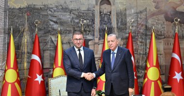 President Recep Tayyip Erdoğan and  North Macedonian Prime Minister Hristijan Mickoski shake hands after bilateral talks in Istanbul, Feb. 28, 2025. (AA Photo)