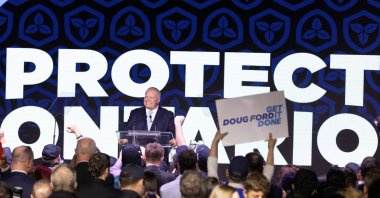 Ontario&#039;s Premier Doug Ford reacts at his Progressive Conservative election night party in Etobicoke, Ontario, Canada Feb. 27, 2025. (Reuters Photo)