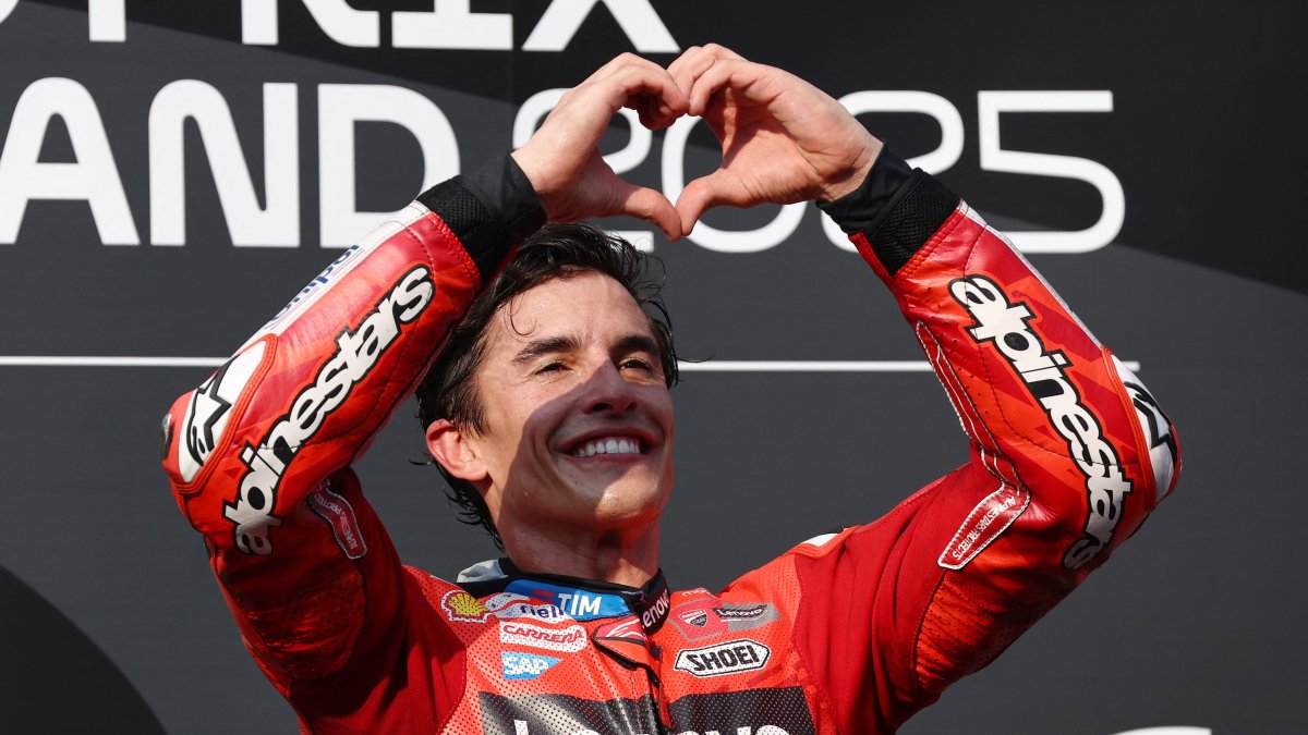 Ducati Lenovo Team&#039;s Marc Marquez celebrates on the podium after winning the MotoGP race in Buriram, Thailand, March 2, 2025. (Reuters Photo)
