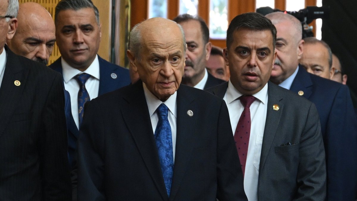 Nationalist Movement Party (MHP) leader Devlet Bahçeli (C) arrives for his party&#039;s parliamentary group meeting in the capital Ankara, Türkiye, Jan. 28, 2025. (AA Photo)
