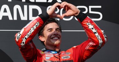 Ducati Lenovo Team&#039;s Marc Marquez celebrates on the podium after winning the MotoGP race in Buriram, Thailand, March 2, 2025. (Reuters Photo)