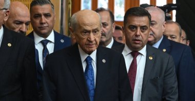 Nationalist Movement Party (MHP) leader Devlet Bahçeli (C) arrives for his party&#039;s parliamentary group meeting in the capital Ankara, Türkiye, Jan. 28, 2025. (AA Photo)