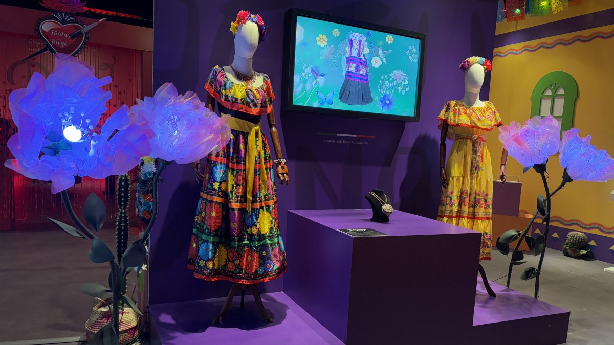Frida Kahlo's colorful outfits, matching her style, are exhibited in the "Diaries of Frida Kahlo" exhibition at AKM, Istanbul, Türkiye, Feb. 27, 2025. (Photo by Funda Karayel)