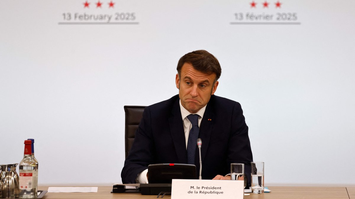 France&#039;s President Emmanuel Macron reacts as he speaks during the International Conference on Syria at the Ministerial Conference Center, Paris, France, Feb. 13, 2025. (AFP Photo)