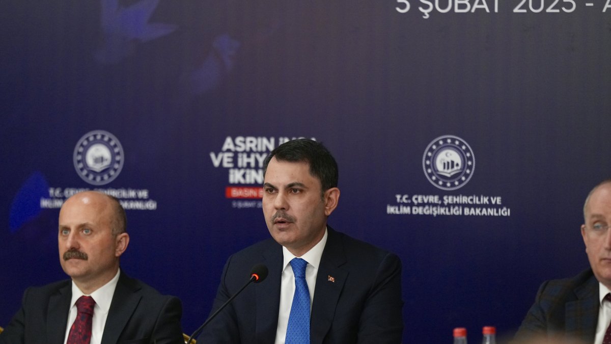 Environment, Urbanization and Climate Change Minister Murat Kurum attends the second-year reconstruction and revival press meeting, Adıyaman, Türkiye, Feb. 5, 2025. (AA Photo)