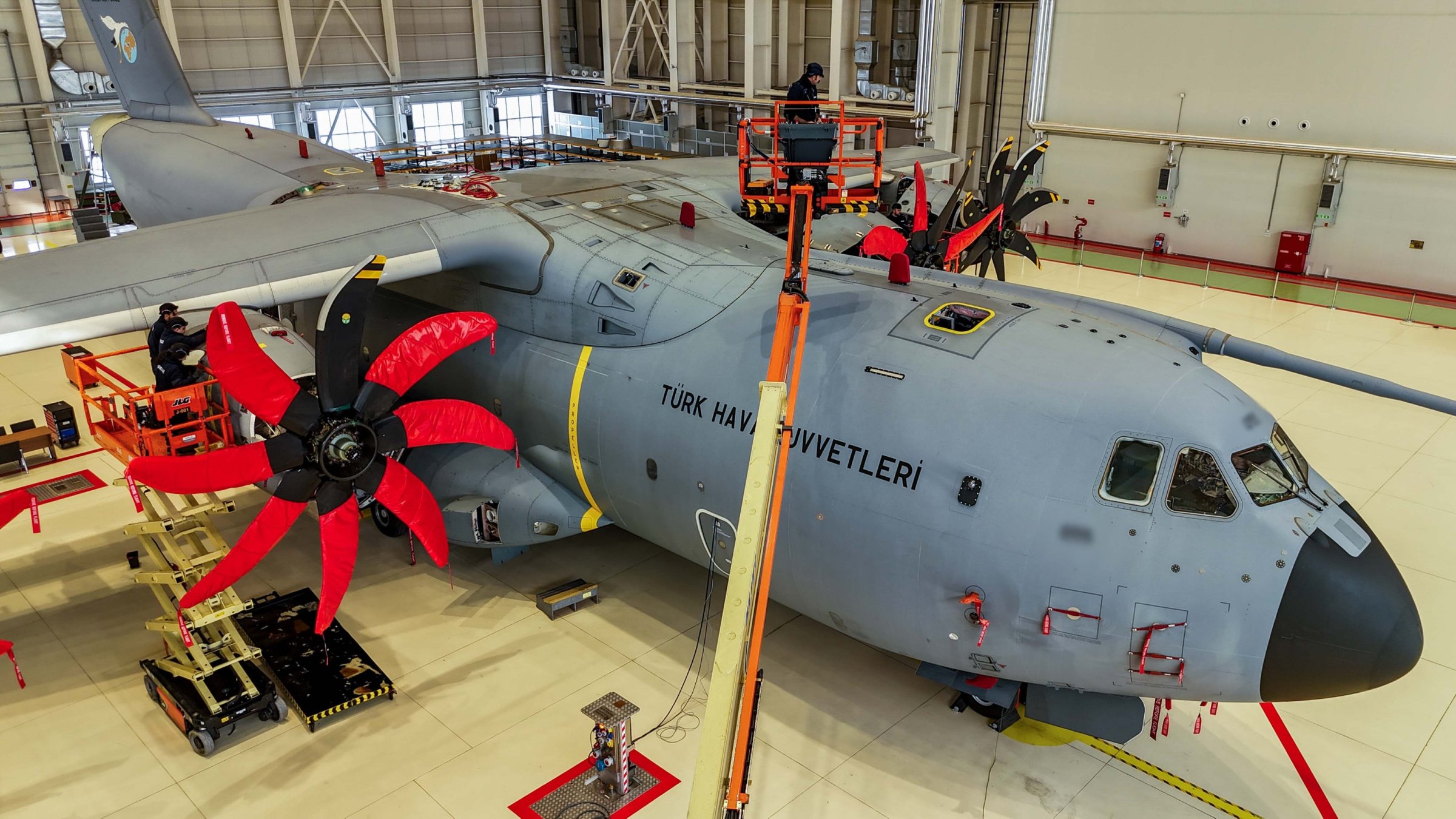 Experts conduct maintenance on a A400M aircraft, also known as “Koca Yusuf,” Kayseri, Türkiye, Feb. 10, 2025. (AA Photo)