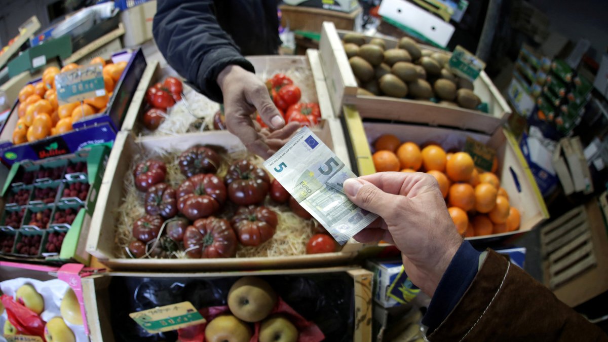 A shopper pays with a euro banknote at a market in Nice, France, April 3, 2019. (Reuters Photo)