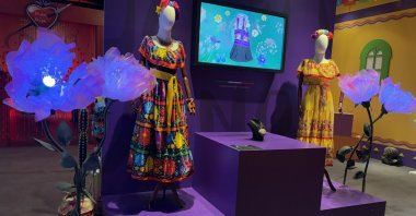 Frida Kahlo's colorful outfits, matching her style, are exhibited in the "Diaries of Frida Kahlo" exhibition at AKM, Istanbul, Türkiye, Feb. 27, 2025. (Photo by Funda Karayel)