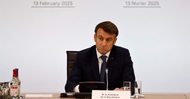 France&#039;s President Emmanuel Macron reacts as he speaks during the International Conference on Syria at the Ministerial Conference Center, Paris, France, Feb. 13, 2025. (AFP Photo)