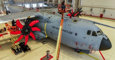 Experts conduct maintenance on a A400M aircraft, also known as “Koca Yusuf,” Kayseri, Türkiye, Feb. 10, 2025. (AA Photo)