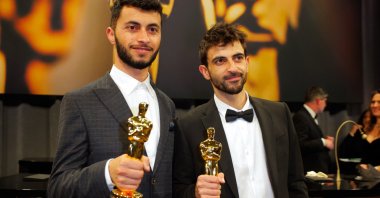 Basel Adra and Yuval Abraham pose with the Oscar for Best Documentary Feature Film for &quot;No Other Land&quot; at the 97th Academy Awards in Hollywood, Los Angeles, California, U.S., March 2, 2025. (Reuters Photo)