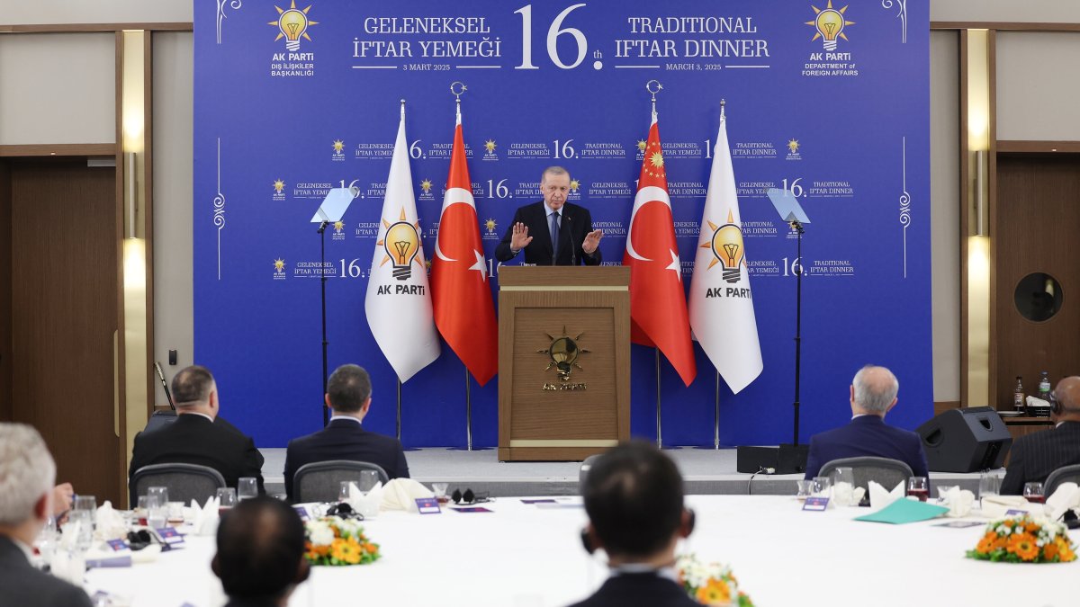 President Recep Tayyip Erdoğan speaks at the iftar dinner in the capital, Ankara, Türkiye, March 3, 2025. (AA Photo)