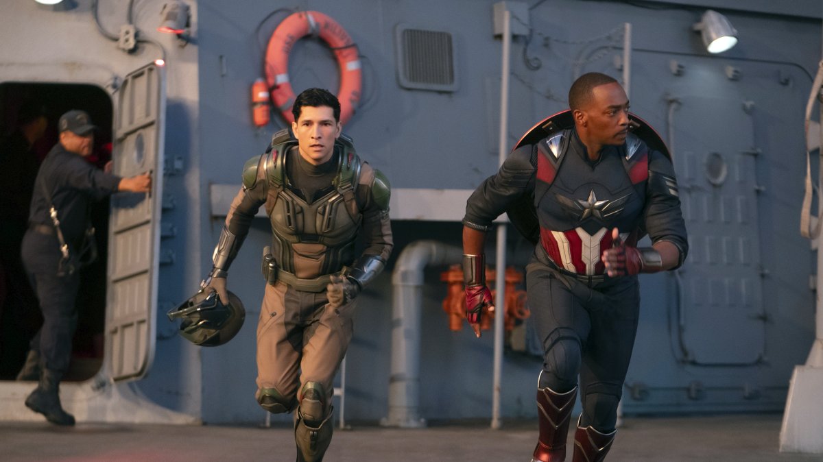 Danny Ramirez (L) and Anthony Mackie in a scene from Marvel Studios&#039; "Captain America: Brave New World." (Disney via AP Photo)