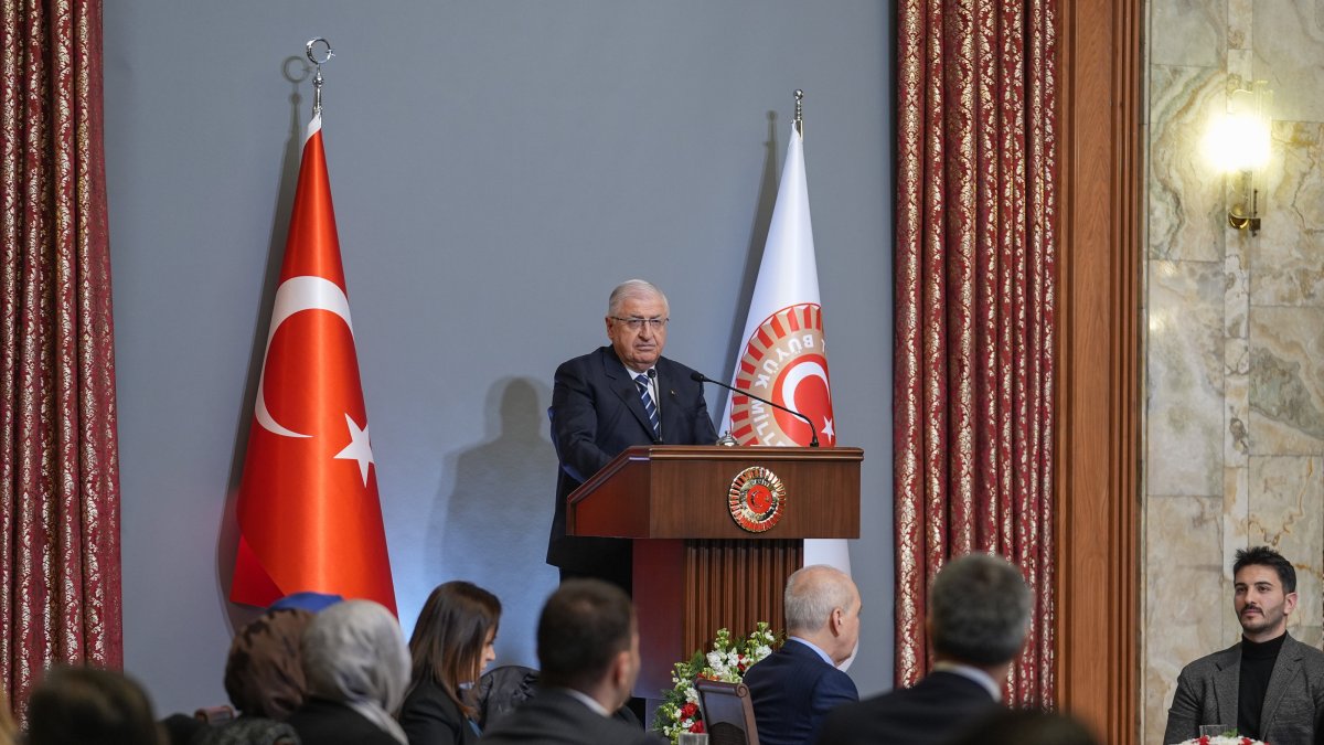 Defense Minister Yaşar Güler speaks during an iftar at Parliament in the capital Ankara, March 3, 2025 (AA Photo)