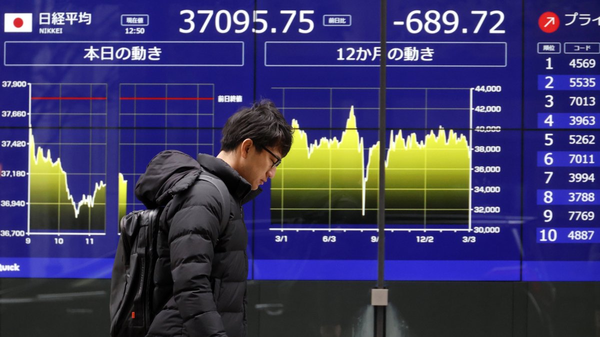 A passerby walks past a stock market indicator board in Tokyo, Japan, March 4, 2025. (EPA Photo)