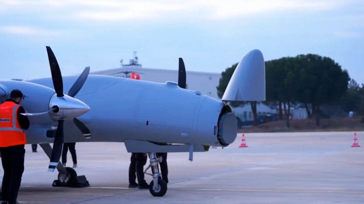 A Bayraktar Akıncı UCAV is seen as it completed its test flight with the AESA radar developed by Aselsan, Türkiye, March 1, 2025. (DHA Photo)