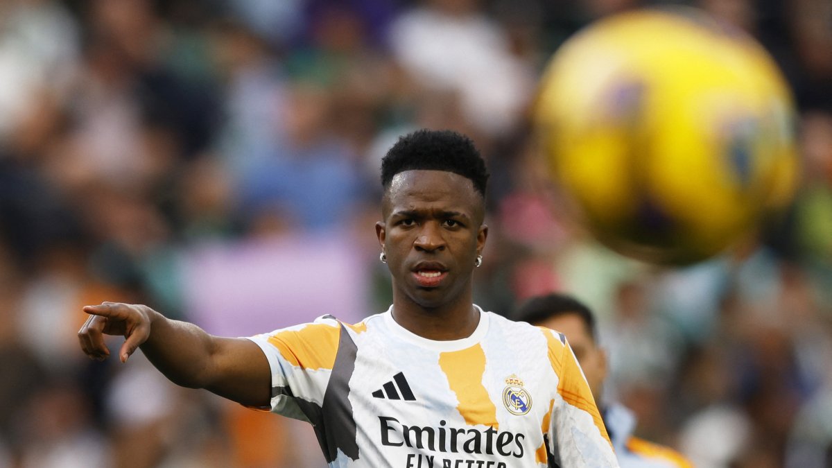 Real Madrid's Vinicius Junior during the warm-up before the match against Real Betis at the Estadio Benito Villamarin, Seville, Spain, March 1, 2025. (Reuters Photo)