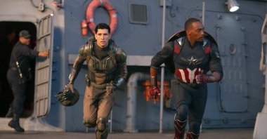 Danny Ramirez (L) and Anthony Mackie in a scene from Marvel Studios&#039; "Captain America: Brave New World." (Disney via AP Photo)
