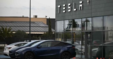 Tesla cars are seen parked in front of a Tesla dealership where 12 Tesla vehicles were damaged in an alleged arson attack, Plaisance-du-Touch, Toulouse, southwestern France, March 3, 2025. (AFP Photo)