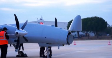 A Bayraktar Akıncı UCAV is seen as it completed its test flight with the AESA radar developed by Aselsan, Türkiye, March 1, 2025. (DHA Photo)