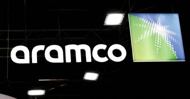 The Saudi Aramco logo is pictured at an exhibition in Paris, France, Feb. 1, 2024. (Reuters Photo)