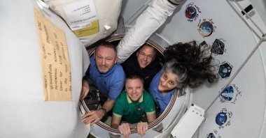 This photo provided by NASA shows the four crew members of NASA’s SpaceX Crew-9 mission, including NASA astronauts Nick Hague, Suni Williams, and Butch Wilmore, along with Roscosmos cosmonaut Aleksandr Gorbunov, posing for a photo aboard the International Space Station, Feb. 26, 2025. (NASA Handout via AFP)