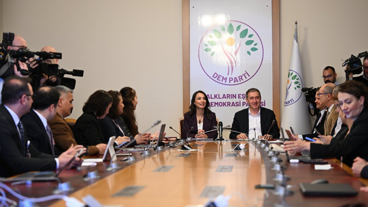 Peoples’ Equality and Democracy Party (DEM Party) co-Chairs Tülay Hatimoğulları (L) and Tuncer Bakırhan (R) speak to reporters, Ankara, Türkiye, March 4, 2025. (AA Photo)