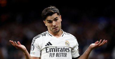 Real Madrid&#039;s Brahim Diaz celebrates scoring during the Champions League round of 16 first leg match against Atletico Madrid, Santiago Bernabeu, Madrid, Spain, March 4, 2025. (Reuters Photo)
