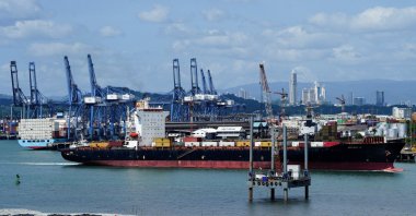 A ship sails near the Port of Balboa after Hong Kong&#039;s CK Hutchison Holdings Ltd. agreed to sell its interests in a key Panama Canal port operator to a BlackRock Inc.-backed consortium, amid pressure from U.S. President Donald Trump to curb China&#039;s influence in the region, Panama City, Panama, March 4, 2025. (Reuters Photo)