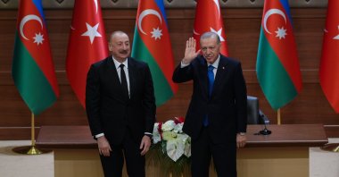 President Recep Tayyip Erdoğan and Azerbaijan&#039;s President Ilham Aliyev at the inauguration ceremony of the  Iğdır-Nakhchivan pipeline, March 5, 2025. (AA Photo)